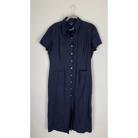 Queto Lifestyle Collection Linen Shirt Dress Maxi Womens 12 Blue Pockets Flawed - Picture 1 of 7